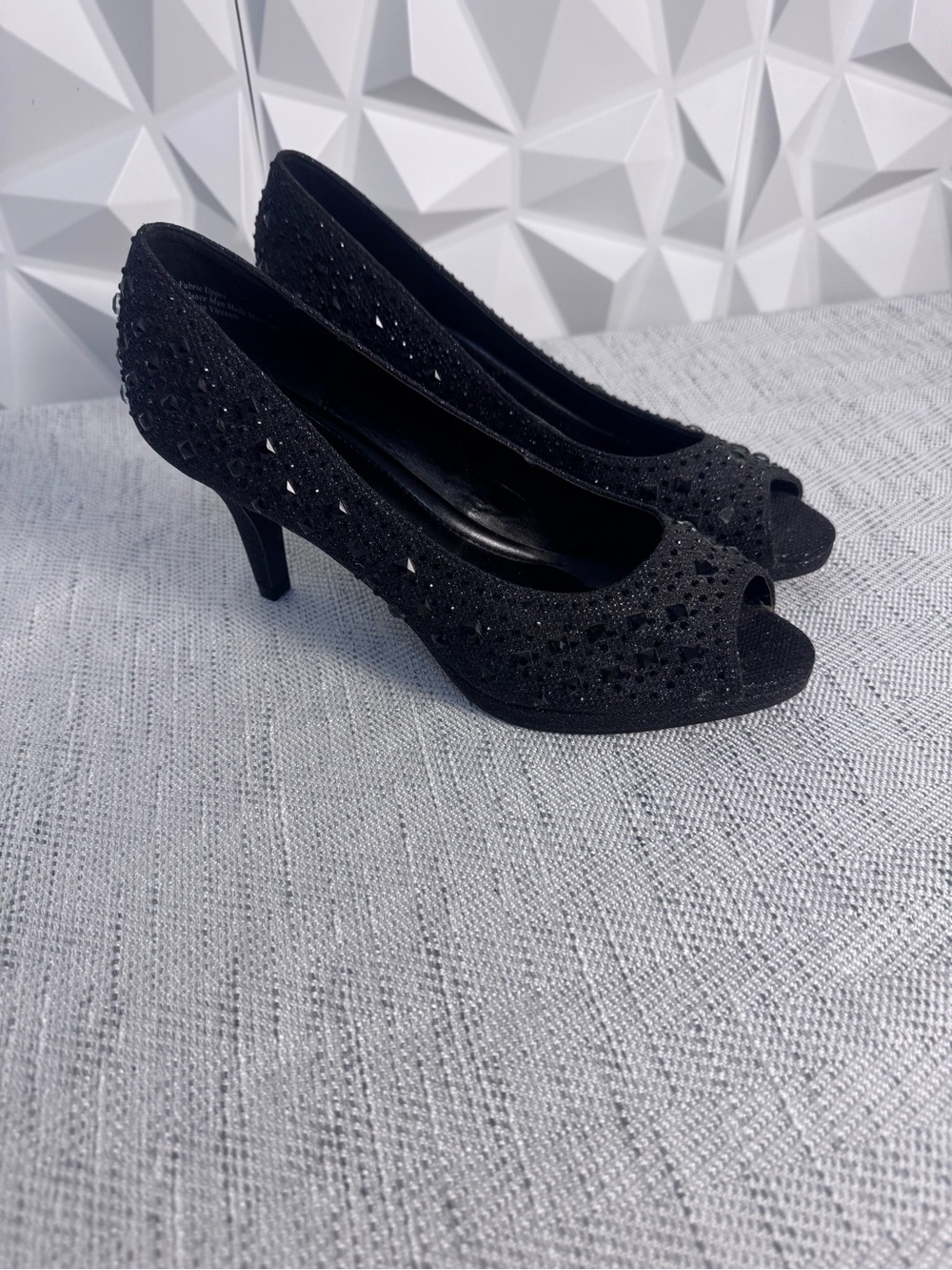 Kelly & Katie Black Rhinestone Peep-Toe Heels